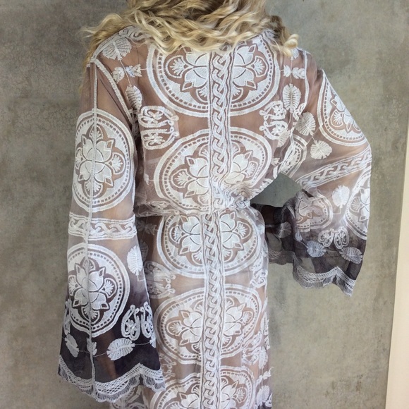 🌸 ROBE OMBRE LACE BELL SLEEVE KAFTAN DUSTER BOHO FESTIVAL BOHEMIAN MIDI KIMONO - Picture 4 of 8